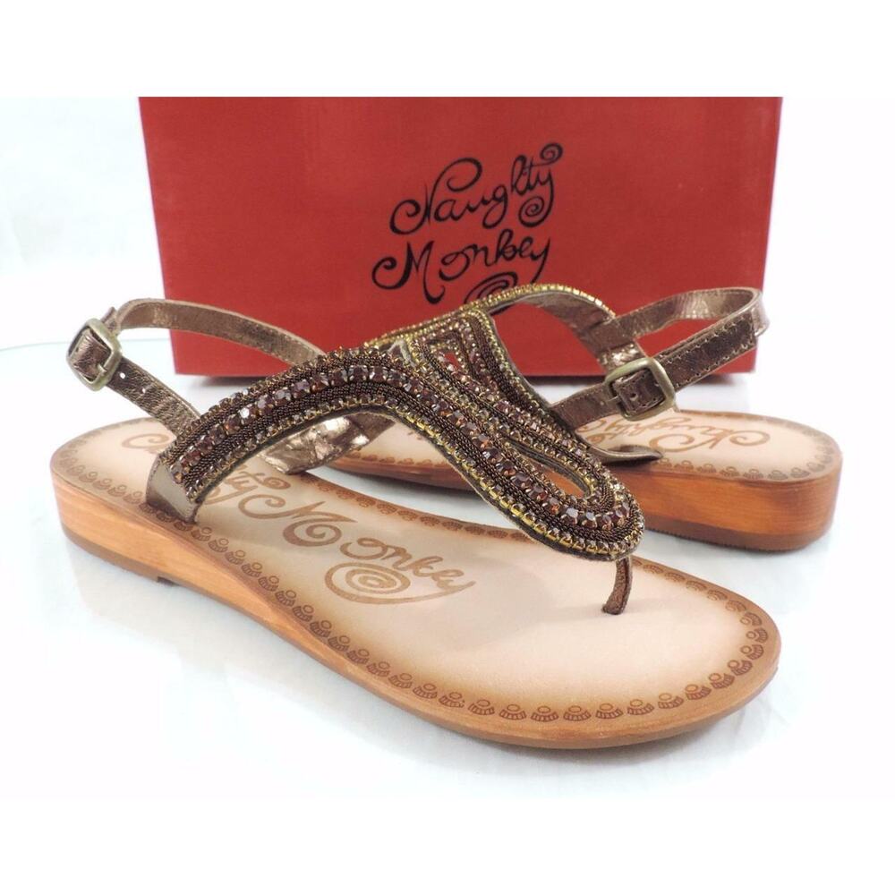Naughty Monkey Alloy Mate Low Wedge Embellished Thong Sandals Bronze Size 8.5